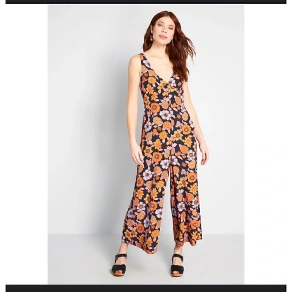 ModCloth floral retro boho festival v-neck jumpsuit S